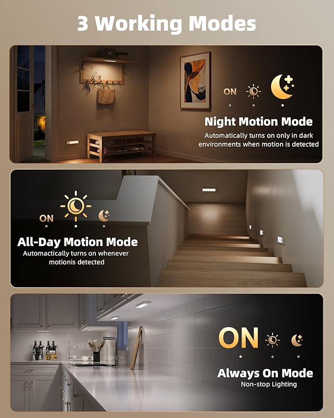 EZVALO Under Cabinet Lighting Wireless, 3Pack 7.8'' Rechargeable Closet Lights, LED Motion Sensor Indoor, Dimmable & 3 Color Temps Battery Operated with Power Display, for Kitchen, Stairs, Bookshelf