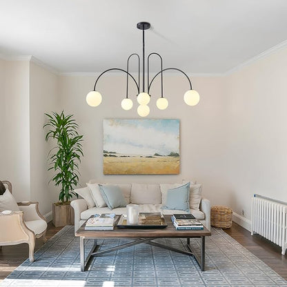 Modern Black Sputnik Chandelier 6-Light Mid Century Chandelier for Dining Room with Milky Glass Globe Ceiling Pendent Light Fixture for Living Room Kitchen Island Foyer Bedroom