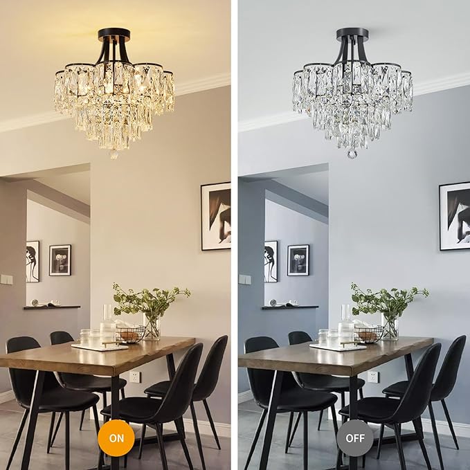 WUZUPS Crystal Chandelier Semi-Flushmount Ceiling Light Modern Lighting Fixture for Bedroom Hallway Entry Kitchen Bathroom, H 19.3" x W 18.3", E12 Base, Black