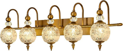 Piepooye Vintage Bathroom Lights Fixtures Gold Vanity Light with Glass Globe LampShade 5 Light Brushed Brass G9 Bulb Wall Sconce Antique Indoor Vanity Light Over Mirror for Kitchen Bedroom Living Room