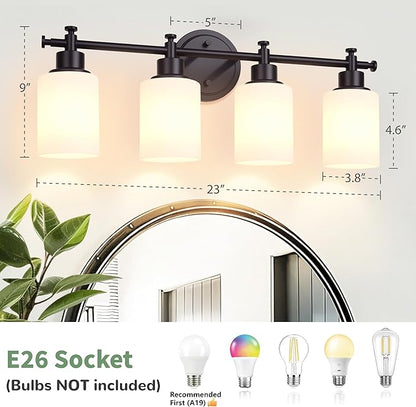 4-Light Bathroom Vanity Light, Black Vanity Lights for Bathroom, Modern Wall Sconce with White Glass Shades, Anti-Rust Vanity Light Fixture over Mirror, 23 Inch (Bulbs Not Included, E26 Base)