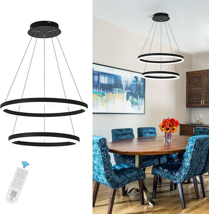 2-Rings Modern LED Chandelier Black for Dining Room, Dimmable Pendant Lighting with Remote Control Circular Flush Mount High Ceiling Light for Bedroom Living Room Foyer, 3000K-6500K