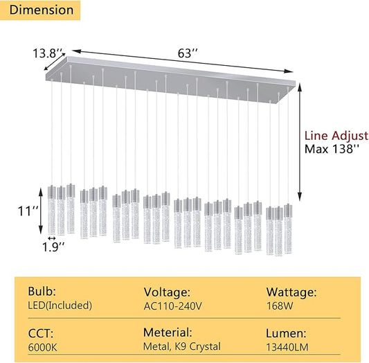 24-Lights Modern Crystal Chandeliers LED Pendant Light for Kitchen Island Dining Room Entrance Foyer Living Room Silver