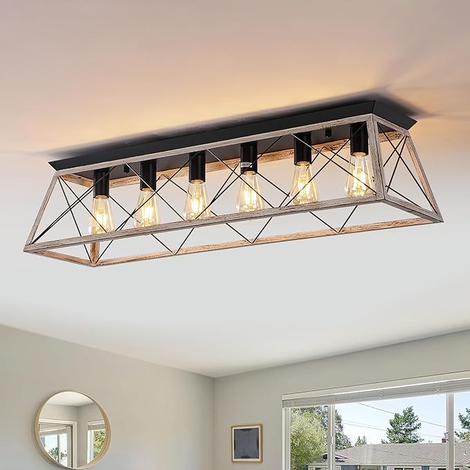38" Large Rectangular Flush Mount Ceiling Light Fixture, 6-Light Vintage Industrial Farmhouse Cage Chandelier for Dining Room Kitchen Island Living Room Hallway, Oak White Close to Ceiling Lighting