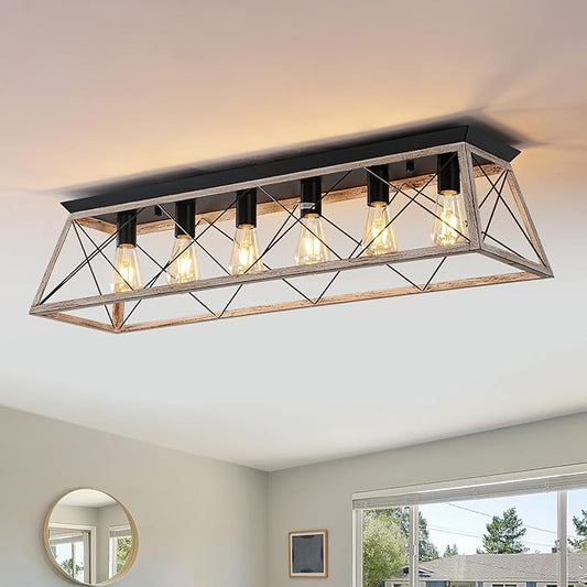 38" Large Rectangular Flush Mount Ceiling Light Fixture, 6-Light Vintage Industrial Farmhouse Cage Chandelier for Dining Room Kitchen Island Living Room Hallway, Oak White Close to Ceiling Lighting