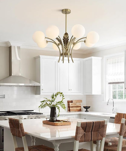 BOKT Gold Semi Flush Mount Ceiling Light Fixture 8 Ball Brass Milk Glass Sphere Sputnik Farmhouse Chandelier Hanging Kitchen Lights for Bedroom Living and Dining Room