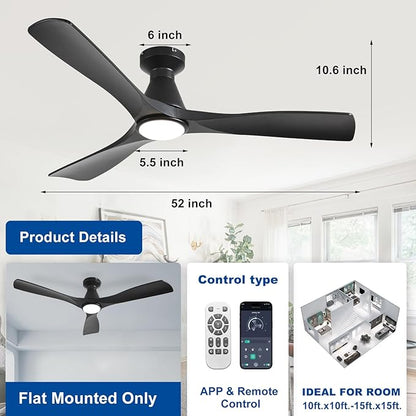 DLLT 52-Inch Ceiling Fans with Lights: Flush Mount Ceiling Fan 3 Blades for Indoor Outdoor - Black Ceiling Fan with Remote APP Control Noiseless for Low Profile Bedroom