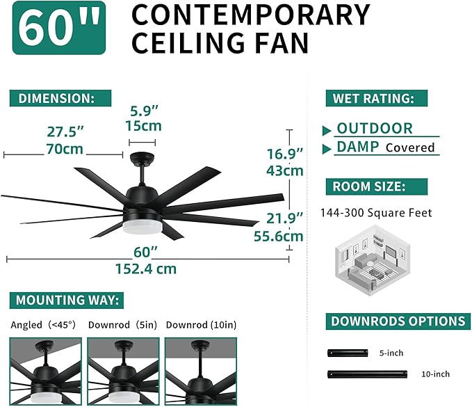 YITAHOME Black Ceiling Fans 60 Inch with Lights and Remote, Modern Fan for Indoor with Quiet Reversible 6 Speeds Motor, Dimmable LED 3 Color, Memory Function for Bedroom Living Room