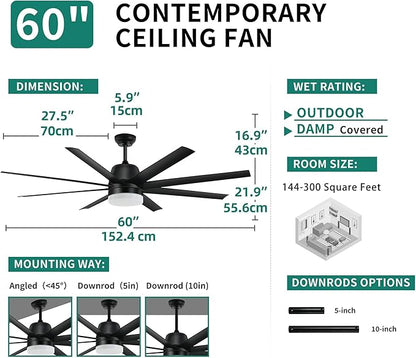 YITAHOME Black Ceiling Fans 60 Inch with Lights and Remote, Modern Fan for Indoor with Quiet Reversible 6 Speeds Motor, Dimmable LED 3 Color, Memory Function for Bedroom Living Room