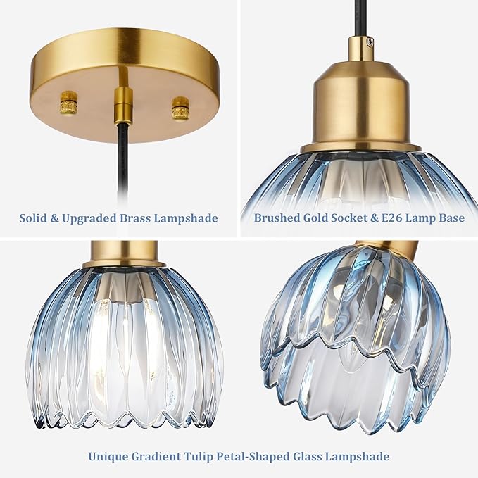 TALOYA Pendant Light 3 Pack with Blue Tulip Glass Lmapshade, Brass Vintage Pendant Light Adjustable Hanging Light for Kitchen Island Bedroom Dining Room Hallway& Bar