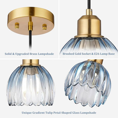 TALOYA Pendant Light with Blue Tulip Glass Lampshade, Brass Vintage Pendant Light Adjustable Hanging Light for Kitchen Island Bedroom Dining Room Hallway& Bar