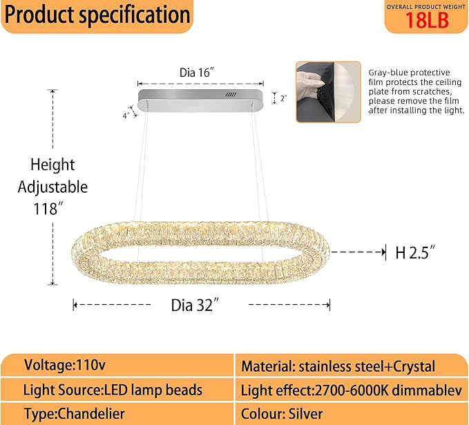Crystal Ring Chandelier, 31.5'' Chrome Crystal Ring Pendant Light for Kitchen Island Modern Linear Oval Chandeliers for Dining Room Dimmable 3000K-6000K