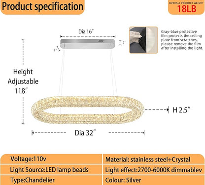 Crystal Ring Chandelier, 31.5'' Chrome Crystal Ring Pendant Light for Kitchen Island Modern Linear Oval Chandeliers for Dining Room Dimmable 3000K-6000K
