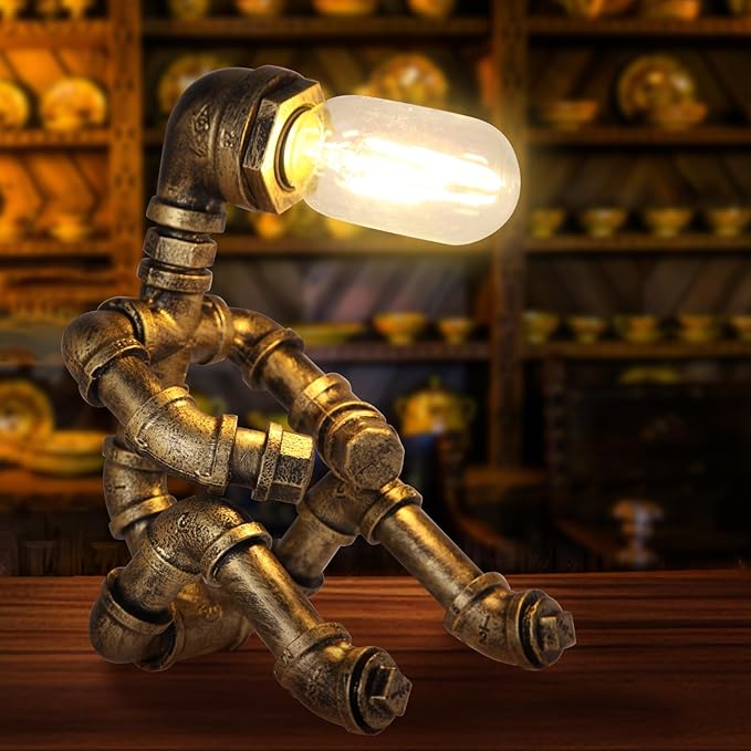 Steampunk Decor Table Lamp for Men Unique Creative Robot Style Desk Lamp,Vintage Industrial Metal Pipe Water Pipe Light, Home Decor Ideal for Bedrooms,Study. (Bronze C)