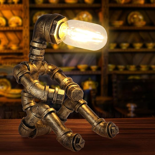 Steampunk Decor Table Lamp for Men Unique Creative Robot Style Desk Lamp,Vintage Industrial Metal Pipe Water Pipe Light, Home Decor Ideal for Bedrooms,Study. (Bronze C)