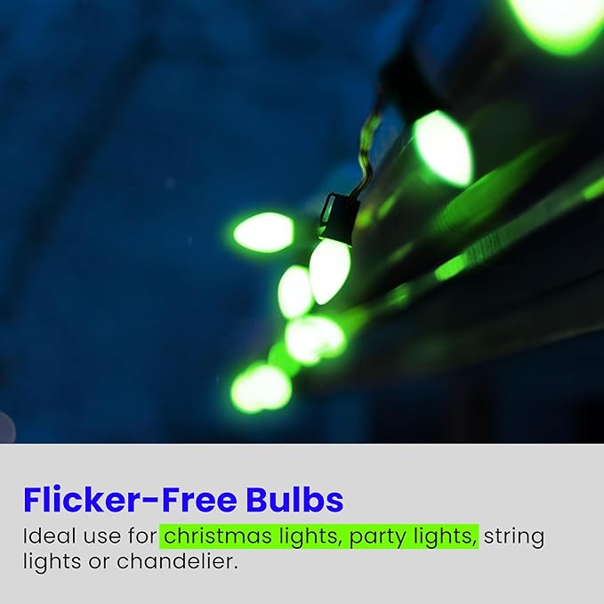 Feit Electric BPC7/G/LEDG2/2/6 7W Equivalent 0.1 Watt Candelabra Base Holiday Party Decorative LED C7 Light Bulb, 2.15" H x 1" D, Green, 12
