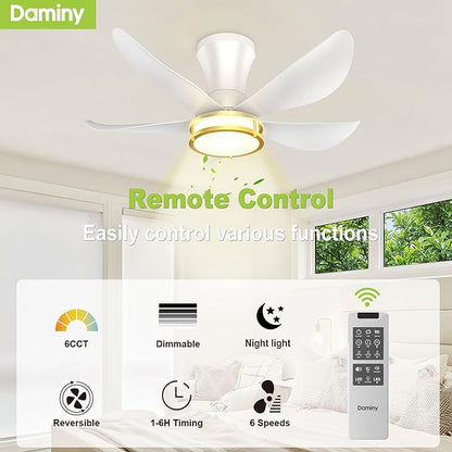 DAMINY 30 Inch White and Gold 5 Blade Ceiling Fan with Light, Modern Ceiling Fan with Remote,Large Airflow,Flush Mount,6CCT,Dimmable,Noiseless,Bedroom