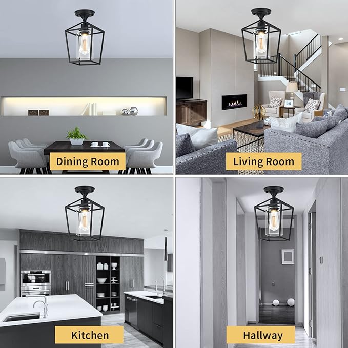 Melovom Clear Glass Semi Flush Mount Industrial Vintage Ceiling Light Fixtures, Black for Hallway, Porch, Dining Room, Kitchen
