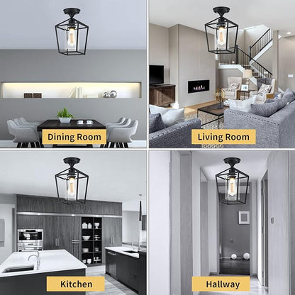 Melovom Clear Glass Semi Flush Mount Industrial Vintage Ceiling Light Fixtures, Black for Hallway, Porch, Dining Room, Kitchen