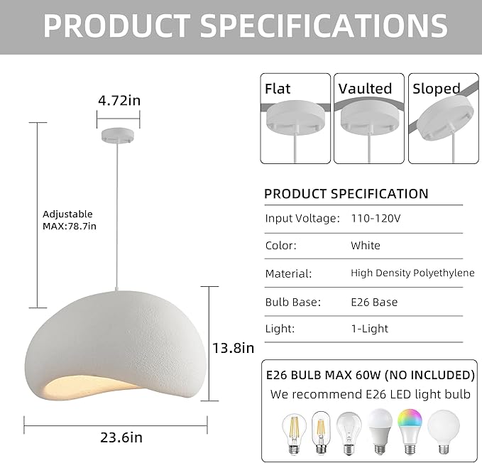 Wabi Sabi Pendant Light Oval, 23.6in Japanese Ceiling Fixture for Dining Room Kitchen Island Hallway Bedroom Restaurant, Adjustable Modern Japandi Hanging Lamp, E26 Base (60cm/23.6in)