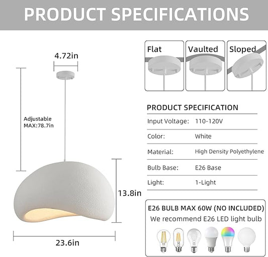 Wabi Sabi Pendant Light Oval, 23.6in Japanese Ceiling Fixture for Dining Room Kitchen Island Hallway Bedroom Restaurant, Adjustable Modern Japandi Hanging Lamp, E26 Base (60cm/23.6in)