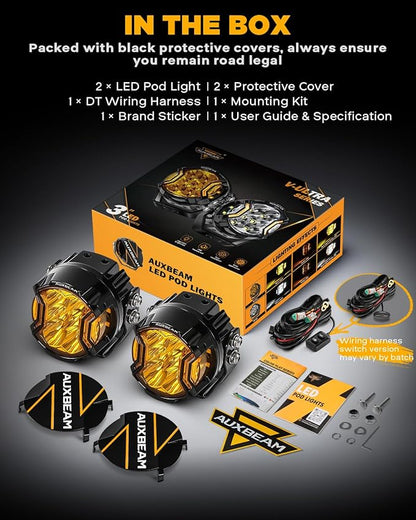 Auxbeam V-Ultra Series 3 Inch 108W Amber Fog Light Pods, DRL Function 3 Modes & Protective Covers, 270° Side Shooter Light Bar, Hyper Spot Beam Offroad Lights, for Truck ATV UTV Car Motorcycle, Pair
