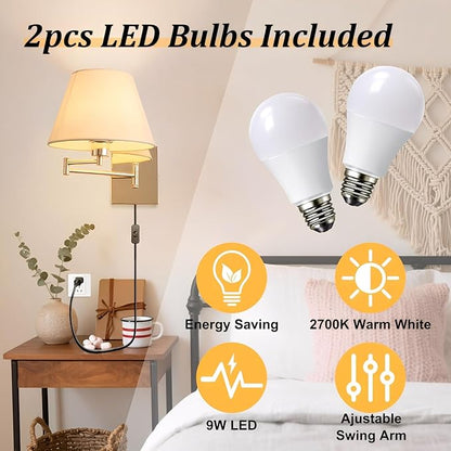 Rose Gold Wall Sconce Plug in, Swing Arm Wall Lamp with Beige Fabric Shade for Living Room Doorway Study Room Bedroom Bedside Reading Wall Light Fixtures with On/Off Switch