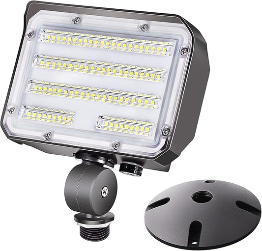 60W LED Flood Light with Knuckle, Outdoor Security Fixture Dusk-to-Dawn Photocell 5000K 7,800lm(300W Equivalent) 100-277V IP65 Waterproof with Base for Wall Mount for Entrance Garden Yard