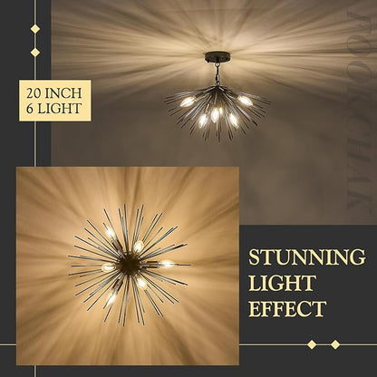 Black Sputnik Ceiling Light, 6-Light Starburst Chandelier Ceiling Lights Mid Century Modern Satellite Flush Mount Light Solid Metal for Entry Kitchen Sink Dining Room