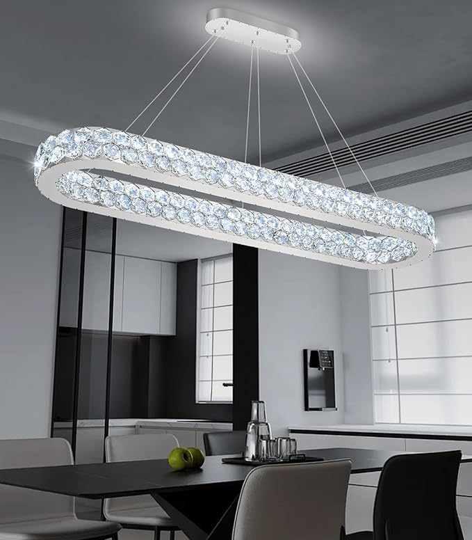 47'' Modern Oval Chandelier Crystal Chandeliers for Dining Room Round Ceiling Light Fixture for Living Room Lighting LED Dimmable with Remote Ring Lights Silver