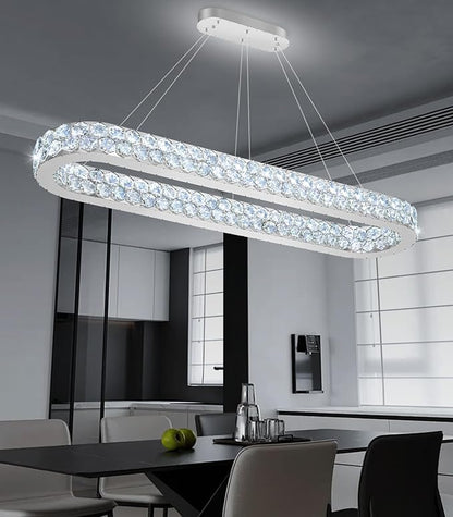 47'' Modern Oval Chandelier Crystal Chandeliers for Dining Room Round Ceiling Light Fixture for Living Room Lighting LED Dimmable with Remote Ring Lights Silver