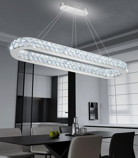 47'' Modern Oval Chandelier Crystal Chandeliers for Dining Room Round Ceiling Light Fixture for Living Room Lighting LED Dimmable with Remote Ring Lights Silver