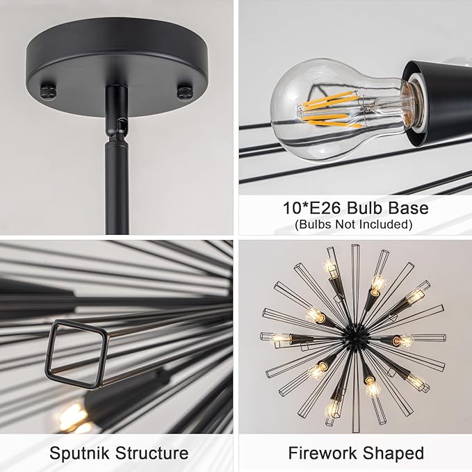10-Light Black Sputnik Chandelier, 33" Modern Starburst Dining Room Light Fixture, Adjustable Height Rustic Solid Metal Large Sputnik Chandeliers for Living Room Bedroom Kitchen Foyer