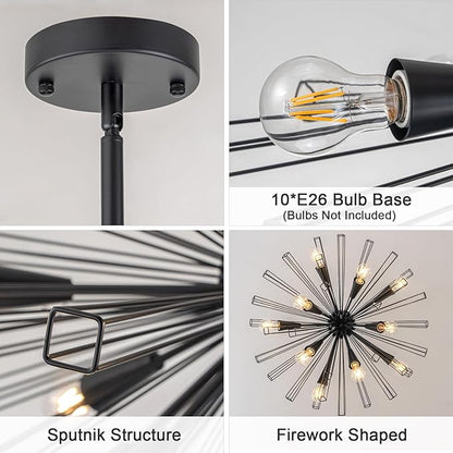 10-Light Black Sputnik Chandelier, 33" Modern Starburst Dining Room Light Fixture, Adjustable Height Rustic Solid Metal Large Sputnik Chandeliers for Living Room Bedroom Kitchen Foyer