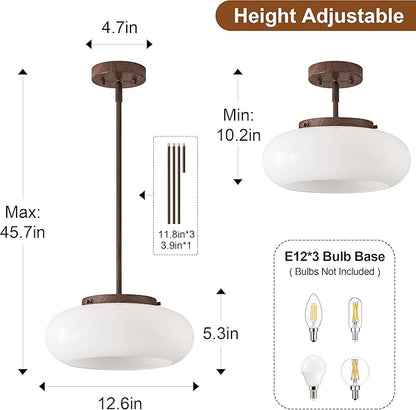 WOKNOS Mid-Century Modern Faux Walnut Wood Semi Flush Mount Ceiling Light, 3-Light Kitchen Light Fixtures with Glass Shade for Entryway Hallway Bathroom Bedroom (12.6 Inch)