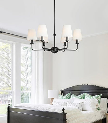 6-Light Black Pendant Chandelier with Fabric Shades, E12 Base - Farmhouse & Industrial Style for Kitchen, Living Room, Dining Room, or Bedroom Lighting