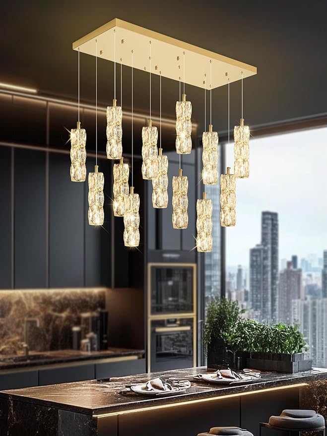 ykolupty Modern Rectangle Chandelier 16-Lights Crystal Chandeliers LED Dimmable Gold Linear Chandelier Flush Mount Crystal Pendant Light for Living Room Dining Room Foyer