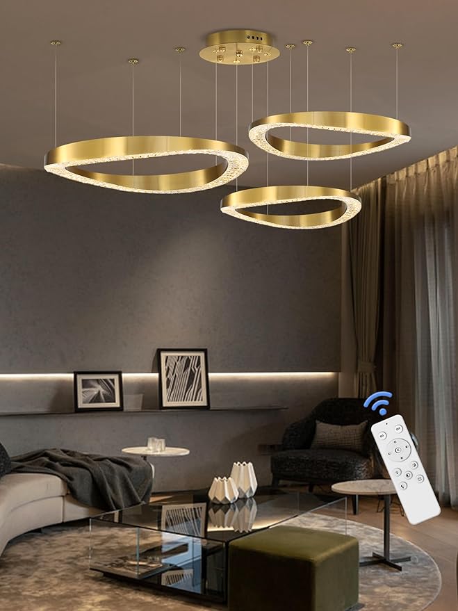 Flashing God Modern Gold Crystal Chandelier Lighting LED Dimmable Ceiling Light Fixture Contemporary Adjustable Stainless Steel 3 Rings Chandeliers Lights D16''+D24''+D32''