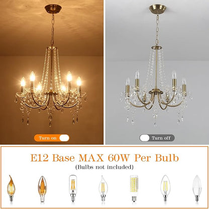 Crystal Gold Chandeliers for Dining Room, Modern Candle Crystal Brass Chandelier Light Fixture, Vintage Pendant Light for Living Room Bedroom Bathroom Entryway Hallway E12 Bulbs D19 in x H24 in