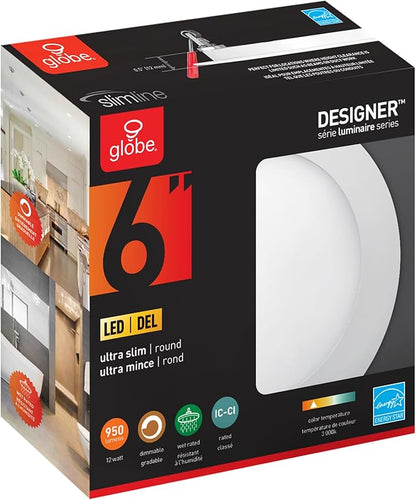 GLOBE Electric 91126 6" Ultra Slim LED Integrated Recessed Lighting Kit, 4-Pack, 12 Watts, Energy Star, Dimmable Lights, Wet and IC Rated, White Finish, 6.31" Hole Size, Home Renovation