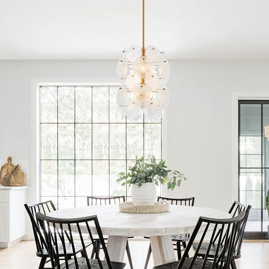 Modern Glass Chandelier for Dining Room, Gold Entryway Chandelier, 6-Light Unique Pendant Light Fixture for Bedroom Hallway Stairway Kitchen