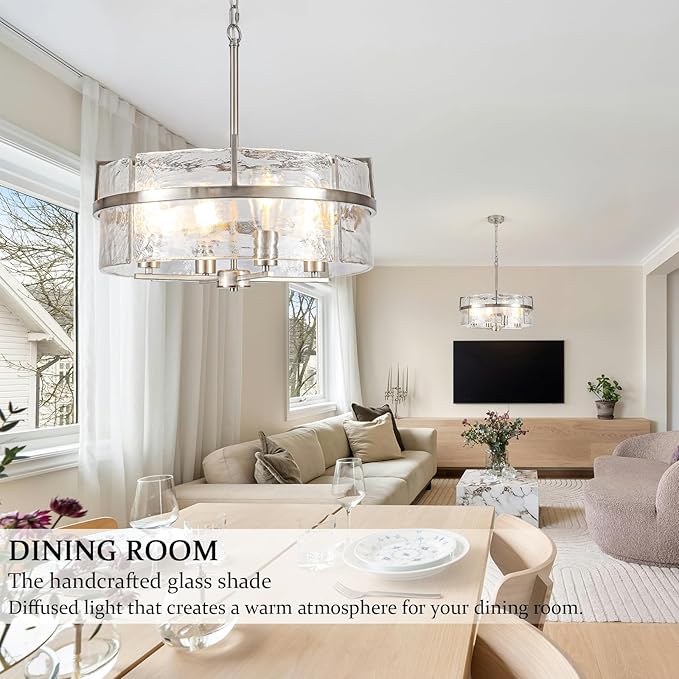 Modern Drum Chandeliers for Dining Room,19.7" Water Ripple Glass Chandelier Over Table Brushed Nickel Crystal Pendant Light Fixtures for Hight Ceiling Living Room Entryway Bedroom Kitchen,E26