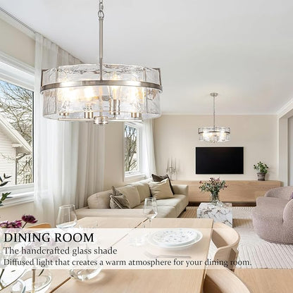 Modern Drum Chandeliers for Dining Room,19.7" Water Ripple Glass Chandelier Over Table Brushed Nickel Crystal Pendant Light Fixtures for Hight Ceiling Living Room Entryway Bedroom Kitchen,E26