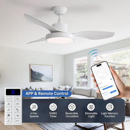 48 Inch Ceiling Fan with Lights Flush Mount Modern Energy-Efficient Outdoor Ceiling Fans with Remote,3 CCT Dimmable Quiet DC Motor & Timer for Patio/Bedroom/Farmhouse (White, 48 Inch/Smart Control)