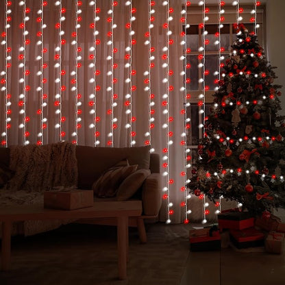 Red White Battery Curtain Lights 300LEDs Christmas Curtain Lights 9.8(L) x9.8ft(H) Christmas Lights Candy Cane Curtain Light with Remote Control 8 Modes Timer Built in for Holiday Decoration