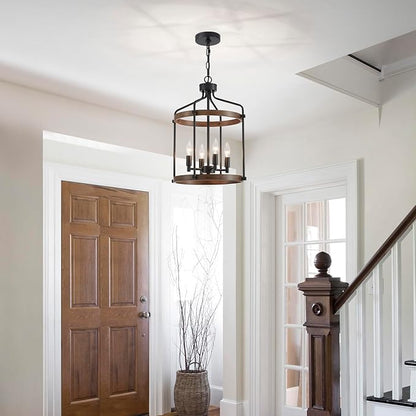Modern Black Chandelier, 4-Light Farmhouse Dining Room Light Fixture Over Table, Muted Black with Retro Wood Texture Shade, Rustic Cage Hanging Pendant Lighting for Hallway Entryway Kitchen Bedroom