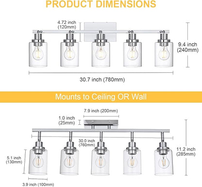 5-Light Track Lighting Kit Ceiling Kitchen Track Lighting Fixtures Chrome Bathroom Vanity Wall Lights with Clear Glass Multi-Directional Rotating Tracking Light Heads Spotlight for Accent Shop