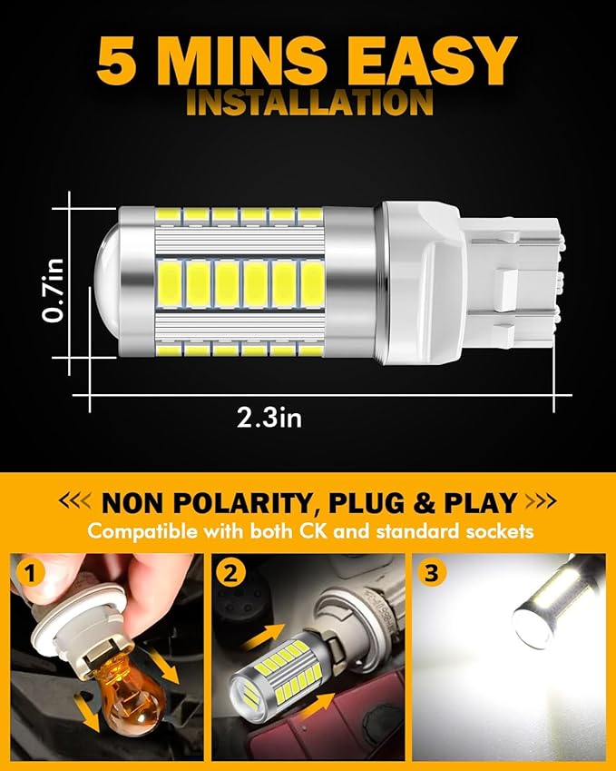 Auxbeam 7443 Reverse Light Bulbs, Super Bright 6500K White T20 LED Bulbs for Backup Reverse Lights, 33-SMD LED Chips with Projector, Pack of 2