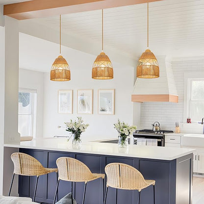 2 Pack Boho Rattan Pendant Light Kitchen Island,Farmhouse Chandeliers Adjustable Height Hanging lamp for Dining Room,Kitchen Ceiling Lights Fixtures with Hand Woven Wicker Lampshade Lighting