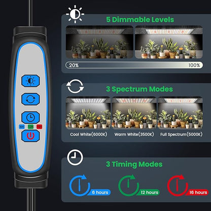 Garpsen Grow Lights - 276 LED Full Spectrum Plant Light with Auto Timer (6/12/16H), 3 Color Modes & 5 Dimmable Levels, 24W UL Adapter Growing Lamp Panel for Indoor Plant Stand (2 Panels)